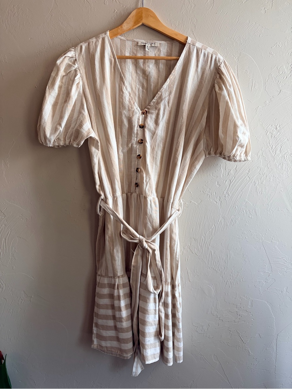 Speed Limit Beige/White Academia Striped Puff Sleeve Button Belted Dress XL
